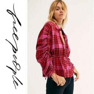 NWT Free People Red Pink Pacific Dawn Plaid Shirt